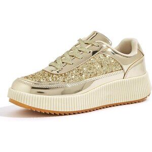 Lucky Step Women's Gold Glitter Platform Sneaker Rhinestone Fashion Chunky Shoes